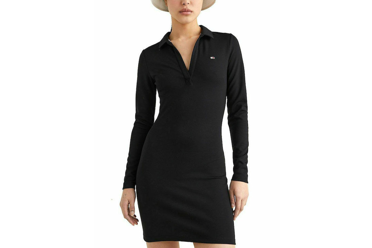 Tommy Jeans Tjw Ls Slim V-Neck Polo Dress Φόρεμα Mini (DW0DW13609 BDS) Μαύρο